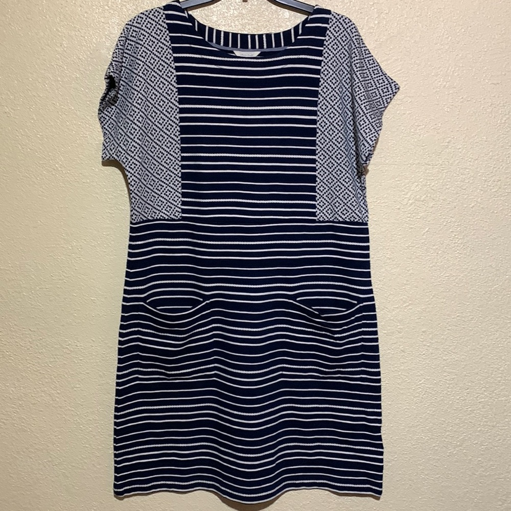White Stuff Dress Navy Blue White Stripes Size 10 US/  UK Size 14 Stretchy